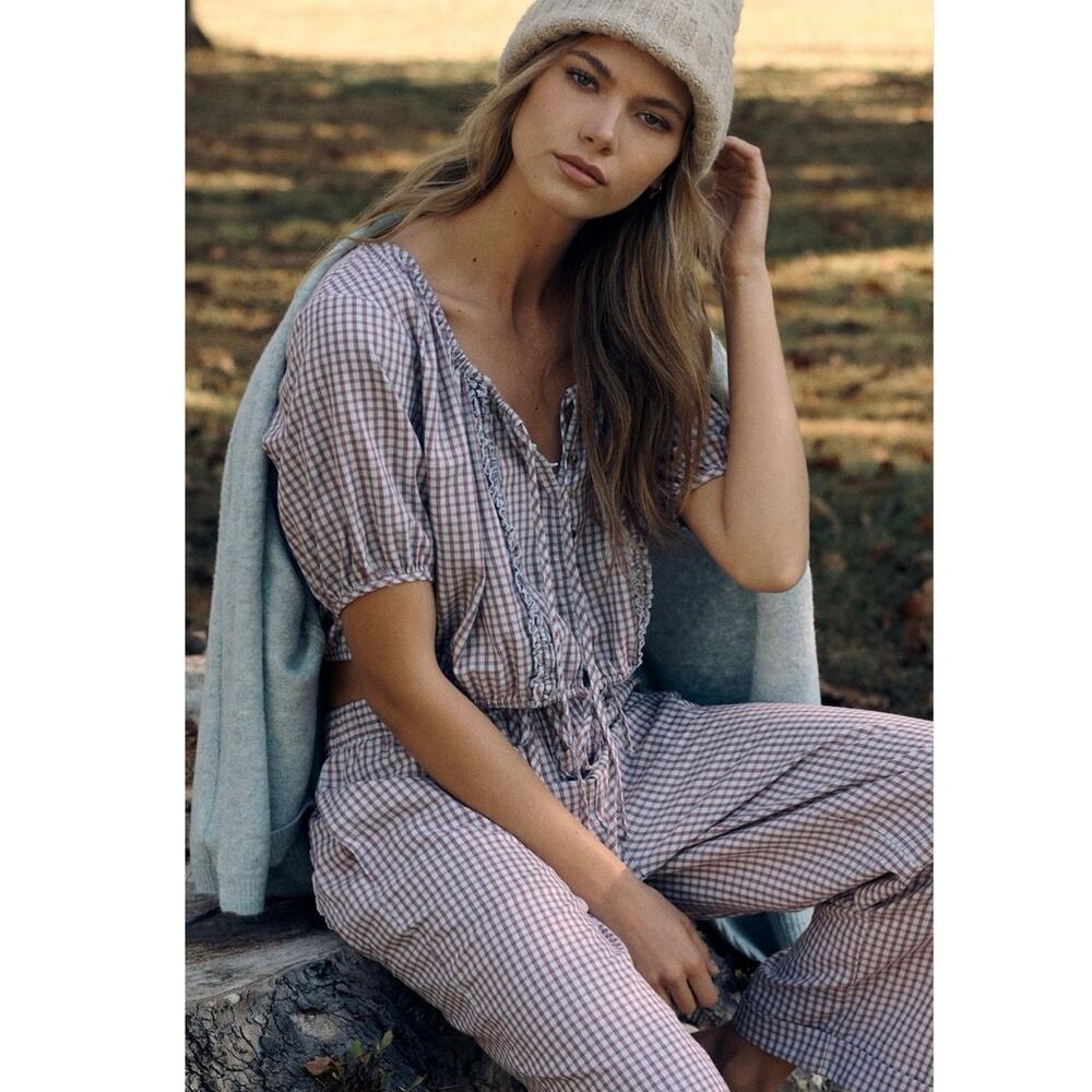 Anthropologie LyreBird Short-Sleeve Flannel Buttondown Crop Top